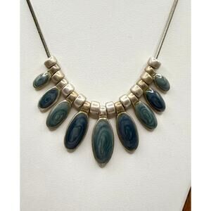 Blue‑Gray Marbled Statement Necklace Set – Silver‑Tone – 9" Drop
